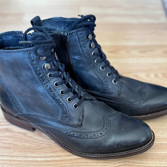 5th Avenue Black Leather Flat Wingtip Lace Up Ankle Boots, 40 eu size - Picture 1 of 8